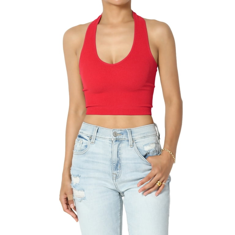 TheMogan Women's Solid Halter Ribbed Seamless Stretch Crop Cami Tank Top