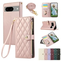 Wallet Case for Google Pixel 7, Crossbody Shoulder Strap Hand Wrist Stylish PU Leather Flip Folio Cover Stand Cards Holder Zipper Pocket RFID Blocking Phone Case for Google Pixel 7, Rosegold