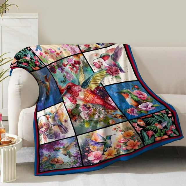Manta de peluche NukunsKF de 152 x 127 cm con estampado floral colorido de colibrí