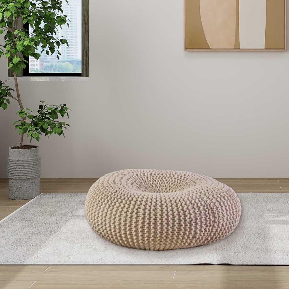 Knitted Round Pouf Ottoman 100 Cotton Pouf Handmade Foot Rest for Living Room Knitted Macrame Foot Stool Hand Knit Beige