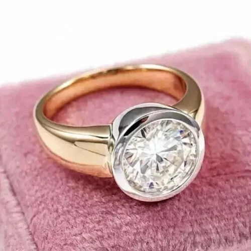 2Ct Round-Cut Moissanite Bezel Set Engagement Ring 14k Yellow Gold Plated