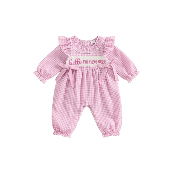 BemeyourBBs Girl Plaid Romper Long Sleeve Doll Collar Letter Embroidery Jumpsuit