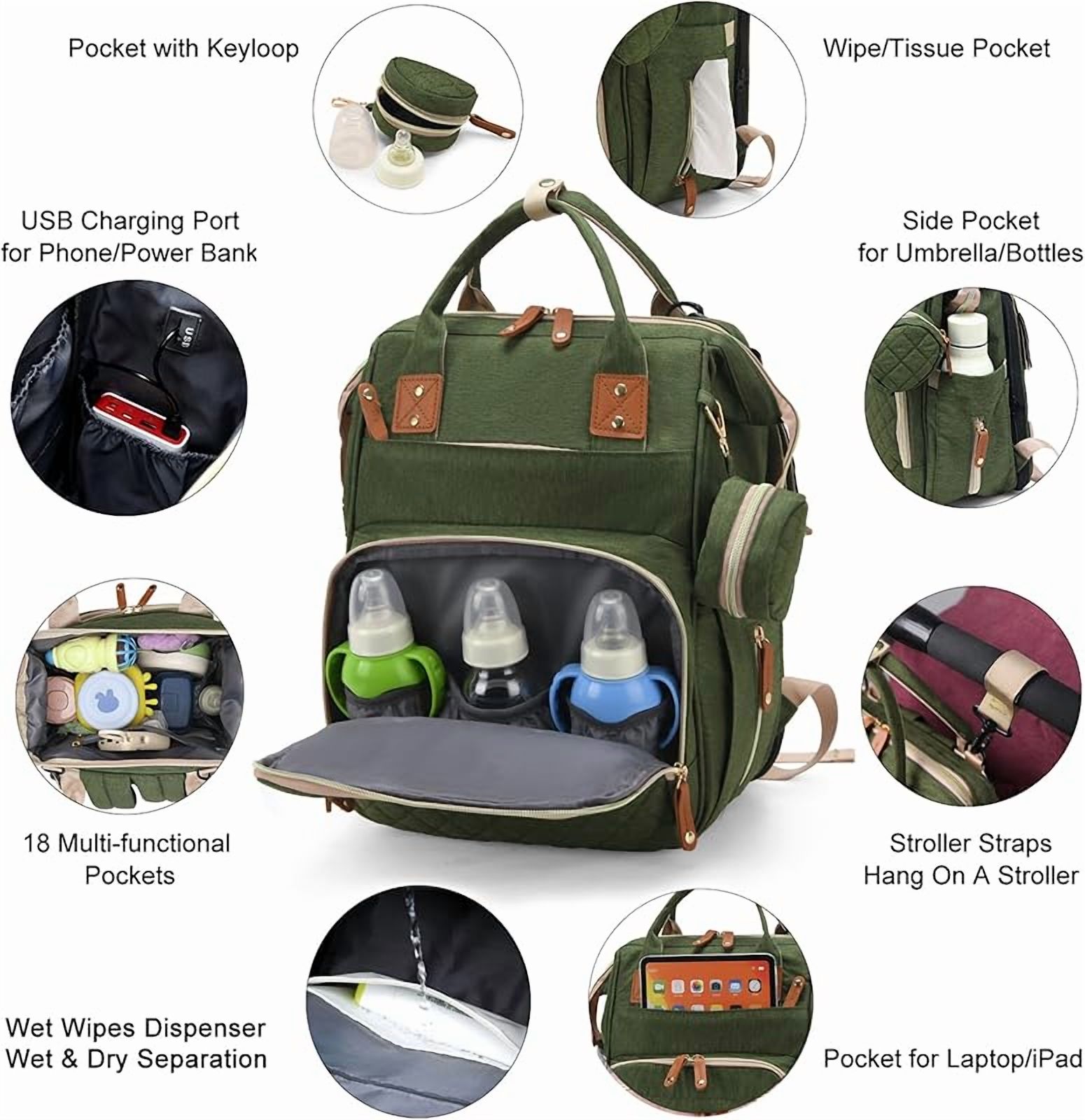 Diaper Bag with Changing Station, Waterproof 3 in 1 Baby Diaper Backpack with Foldable Changing Pad, Large Travel Back Pack for Baby Girl Boy, Baby essentials
