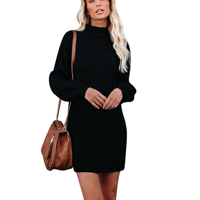 Mini vestido suéter cuello alto manga larga moda elegante otoño invierno vestido suéter de punto para citas negro M