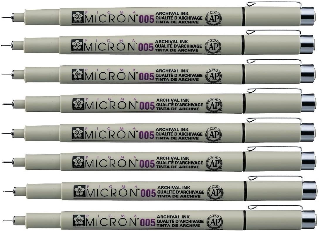 Pigma Micron pen 005 Black ink marker felt tip pen, Archival pigment ink, fine point for artist drawing pens - 8 pen set