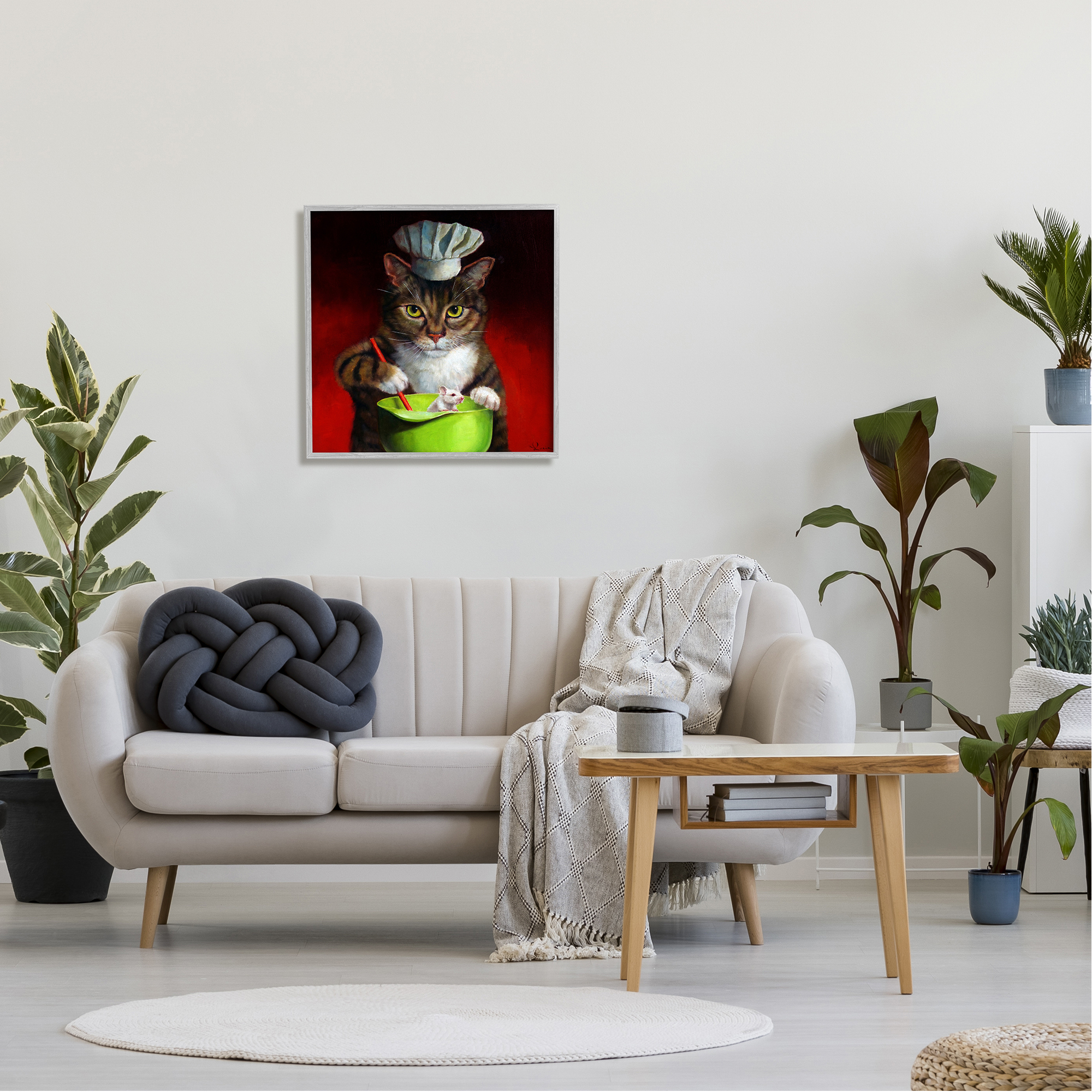Stupell Industries Cat Chef & Mouse Animals & Insects Painting Gray Framed Art Print Wall Art, 24 x 24