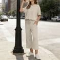 thumbnail image 4 of Feancey 2 Piece Sets for Women Going Out Travel 2026 Summer Short Sleeve Tops and Loose Capri Pants Lounge Set Solid Color Casual Two Piece Outfits with Pockets Beige XXL, 4 of 5