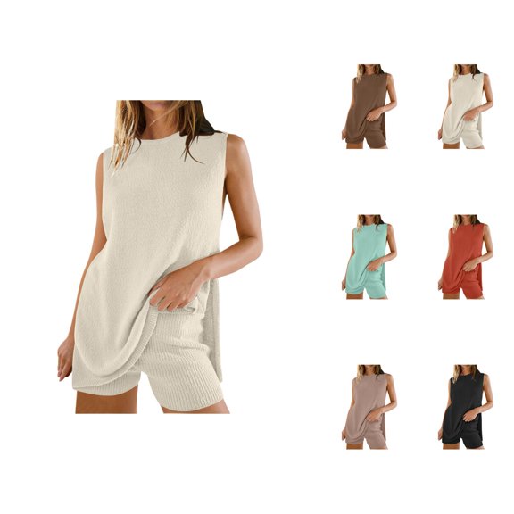 Short Sets for Women Ribbed Knit Stretchy Sleeveless Crewneck Tank Top and Shorts 2 Piece Matching Set Womens Lounge Set