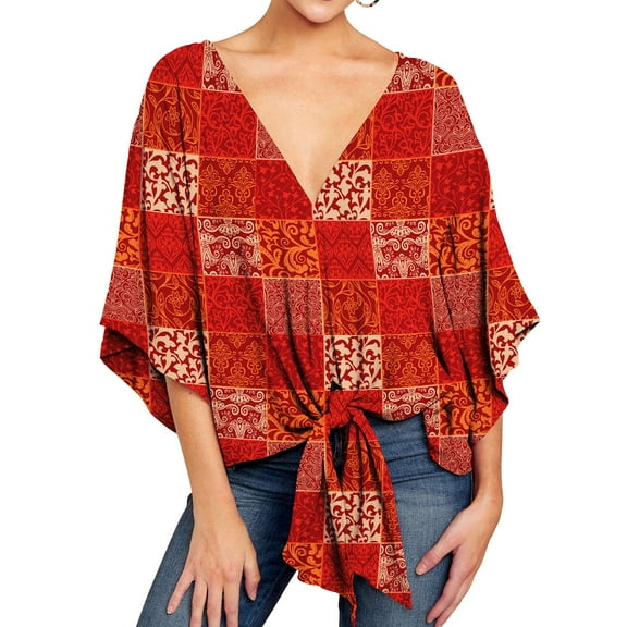 SWSMCLT Women's 3/4 Sleeve Plus Size Blouse Print V Neck Boho Tops Tie Knot Front Casual Shirts Summer Flowy Swing Bohemian Shirt Floral Plaid Leopard Red 24