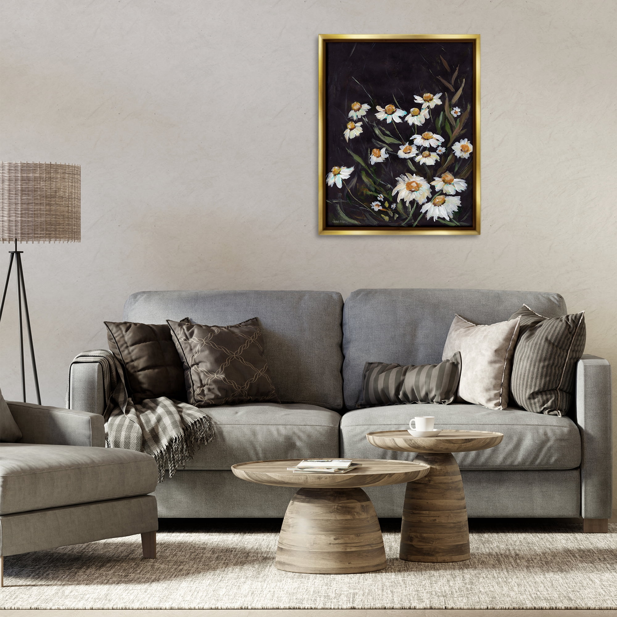 Stupell Industries Daisies on Black Botanical & Floral Painting Gold Floater Framed Art Print Wall Art, 25 x 31