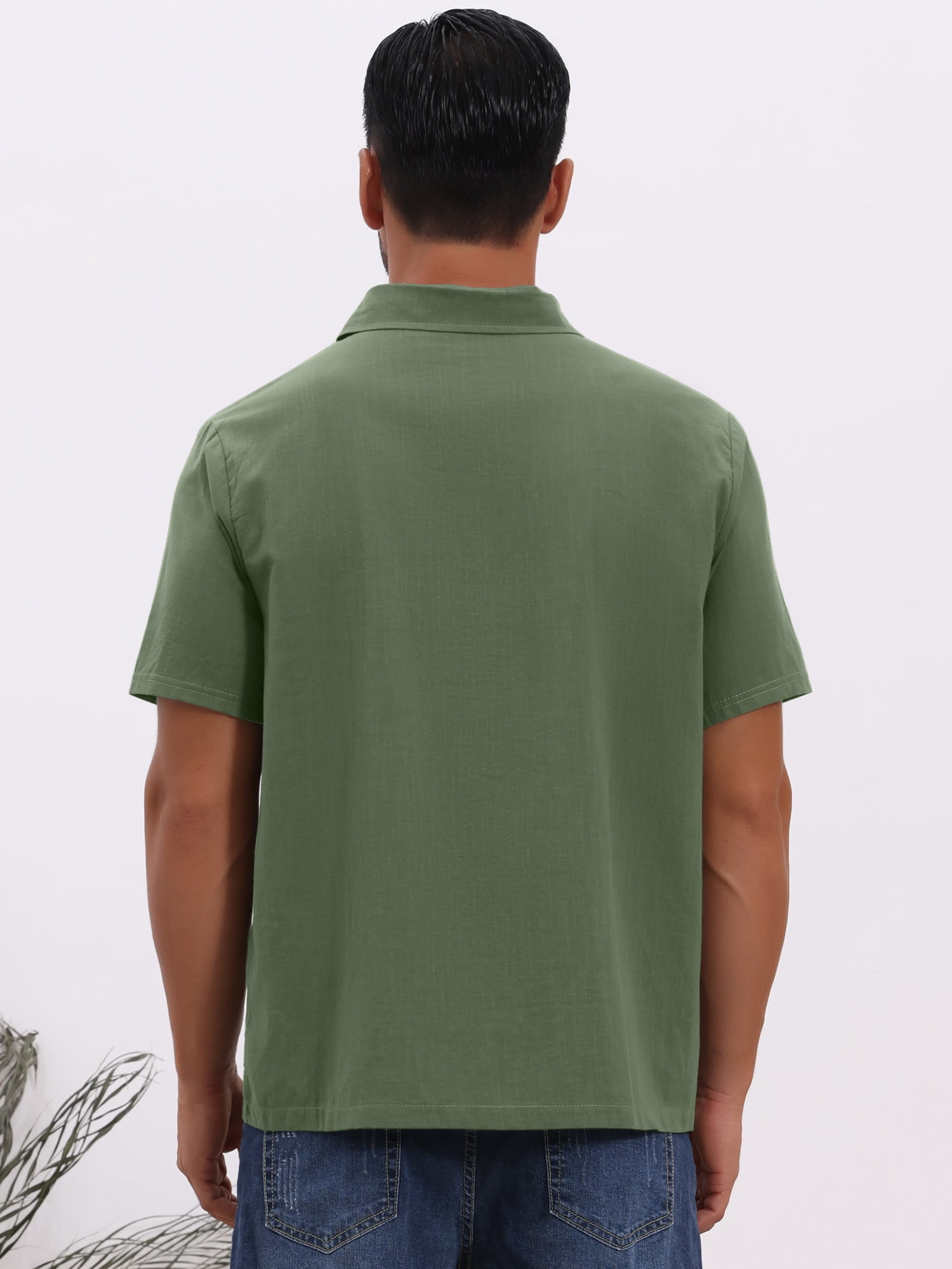 DARING DIVA Men's Solid Color Short Sleeve Button Down Linen Shirt 3XL Olive Green