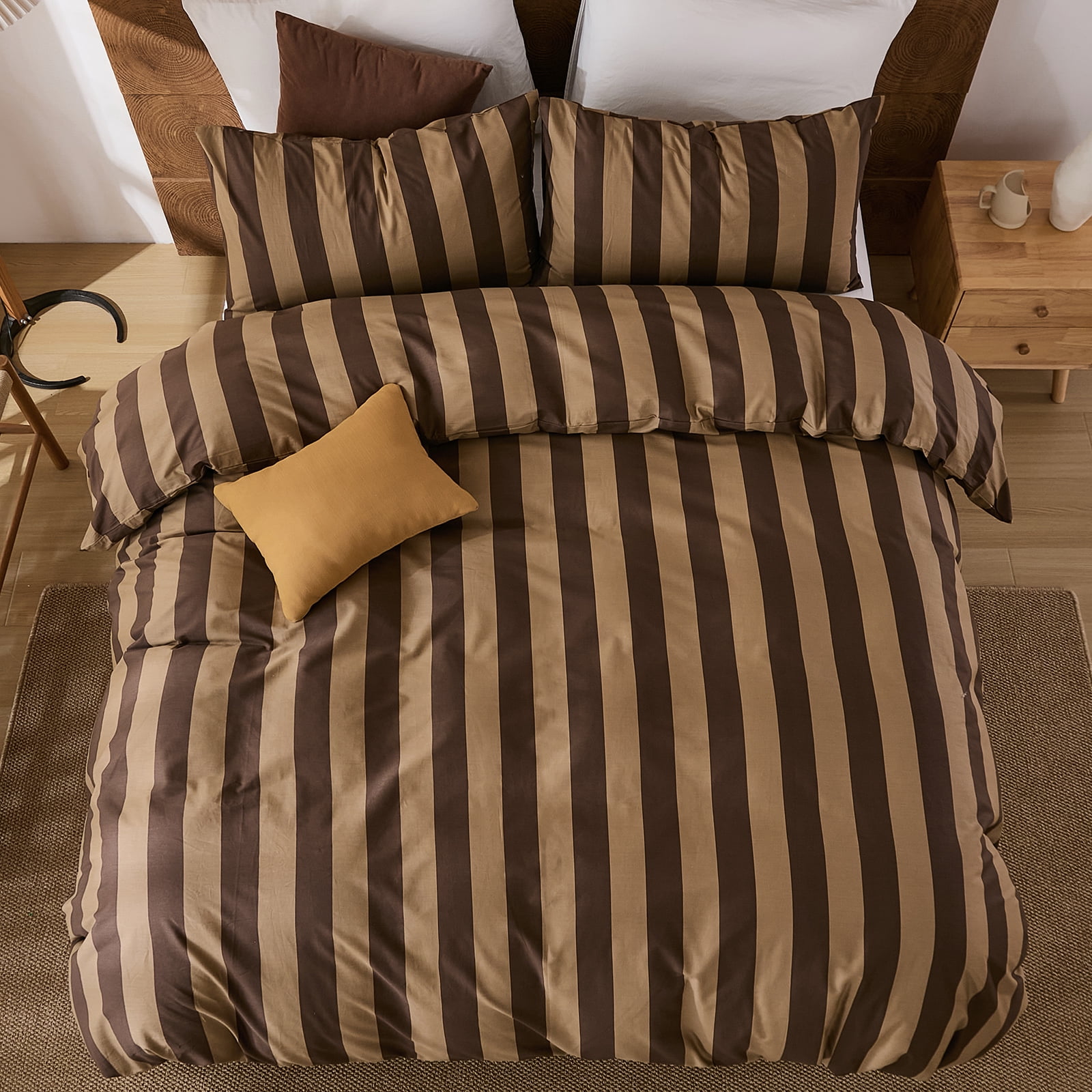 Brown Striped Duvet Cover Set Queen Size, 100% Natural Cotton Linen Like Duvet Cover Set with Zipper Closure & 8 Corner Ties, Brown Khaki Soft Reversible Bedding for All Seasons