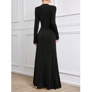 Black Womens Long Sleeve Ruched Knit Elegant Modest Maxi Dress