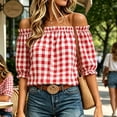 thumbnail image 4 of Setooff Womens Shirts, Gingham Off Shoulder Bubble Sleeve Shirts for Women, Elastic Ruffle Neck Loose Casual Summer Blouse, 4 of 7