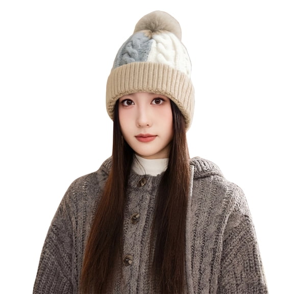 Stocking Cap for Women Warm Fleece Lined Toboggan Hats Fleece Beanie Thermal Beanie Rib Knit Beanie with Brim Pom Knit Earflap Hats Pom Poms for Hats Mens Hat Beige One Size