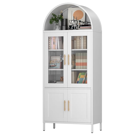 AOBABO Metal Arched Storage Cabinet, Arch Bookcase with Glass Doors, Modern Freestanding Kitchen Pantry Cabinet for Home,White