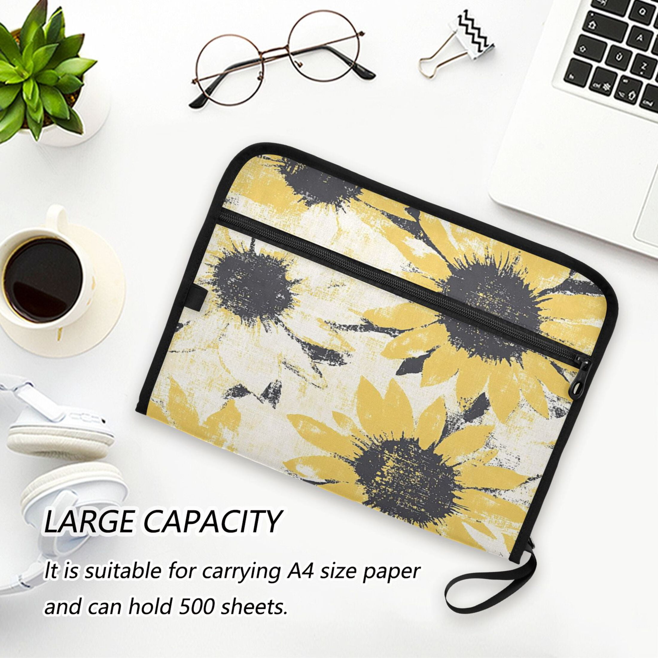 Accordion File Organizer with Zip Closure 13 Pockets Expanding File Folder Letter A4 Paper Document Organizer for Home Office Yellow and White Sunflower