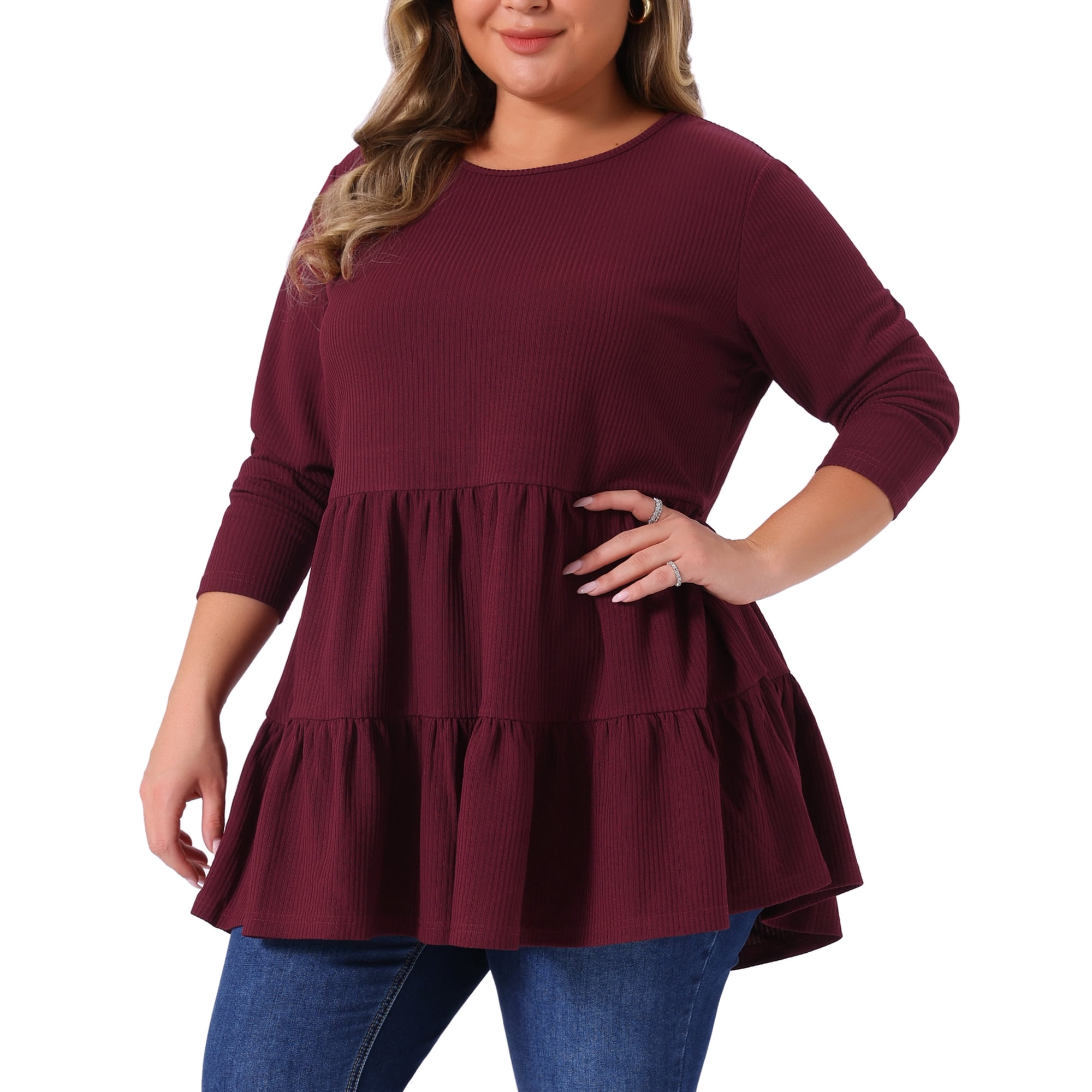 DARING DIVA Women's Plus Babydoll Crew Neck Casual Loose Peplum Tops 4X Burgundy