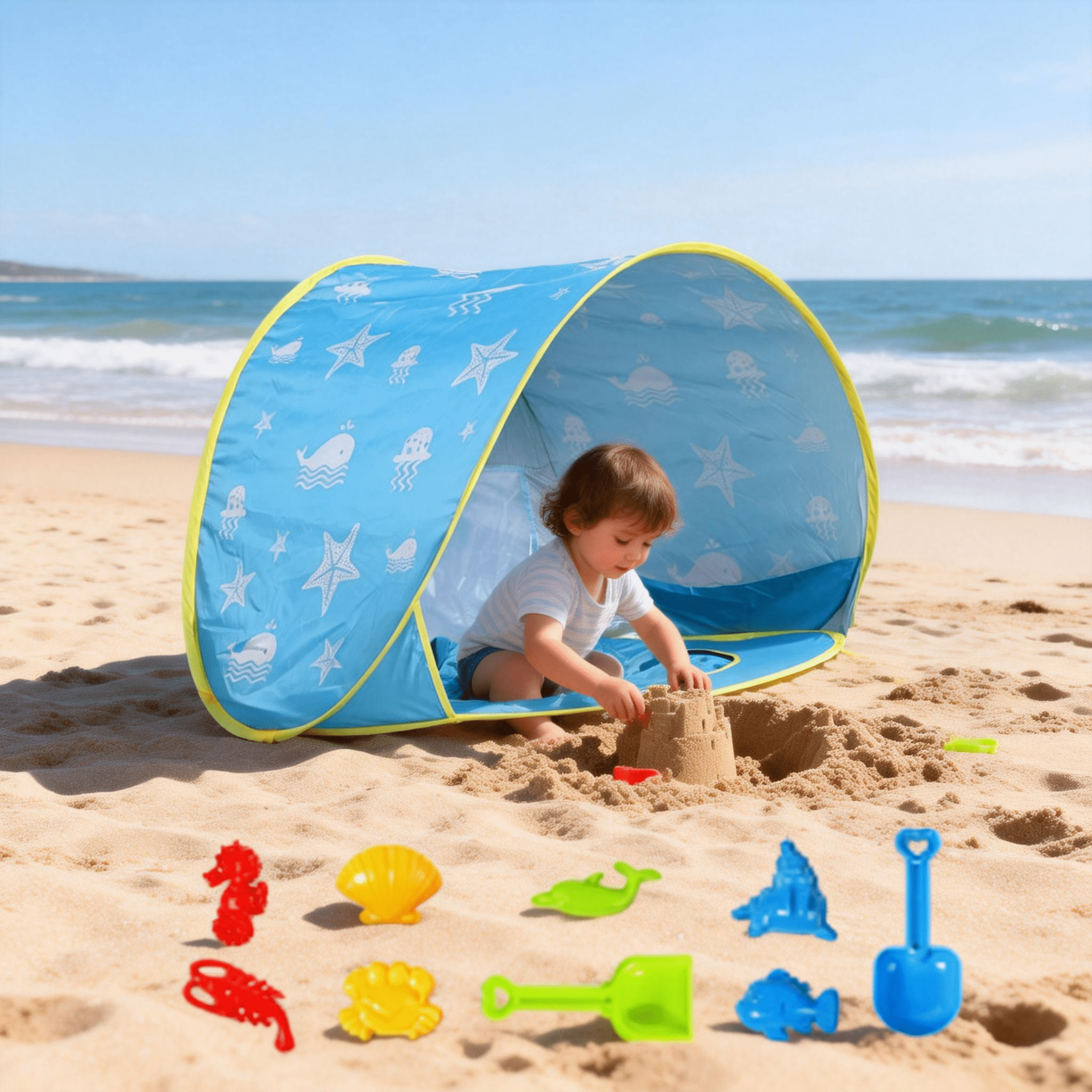 PigPigPen Pop Up Sun Shelter for Baby: Beach Tent with UV Protection & Waterproof Cabana - Infant Pool Shade Umbrella（Equipped with beach toys）