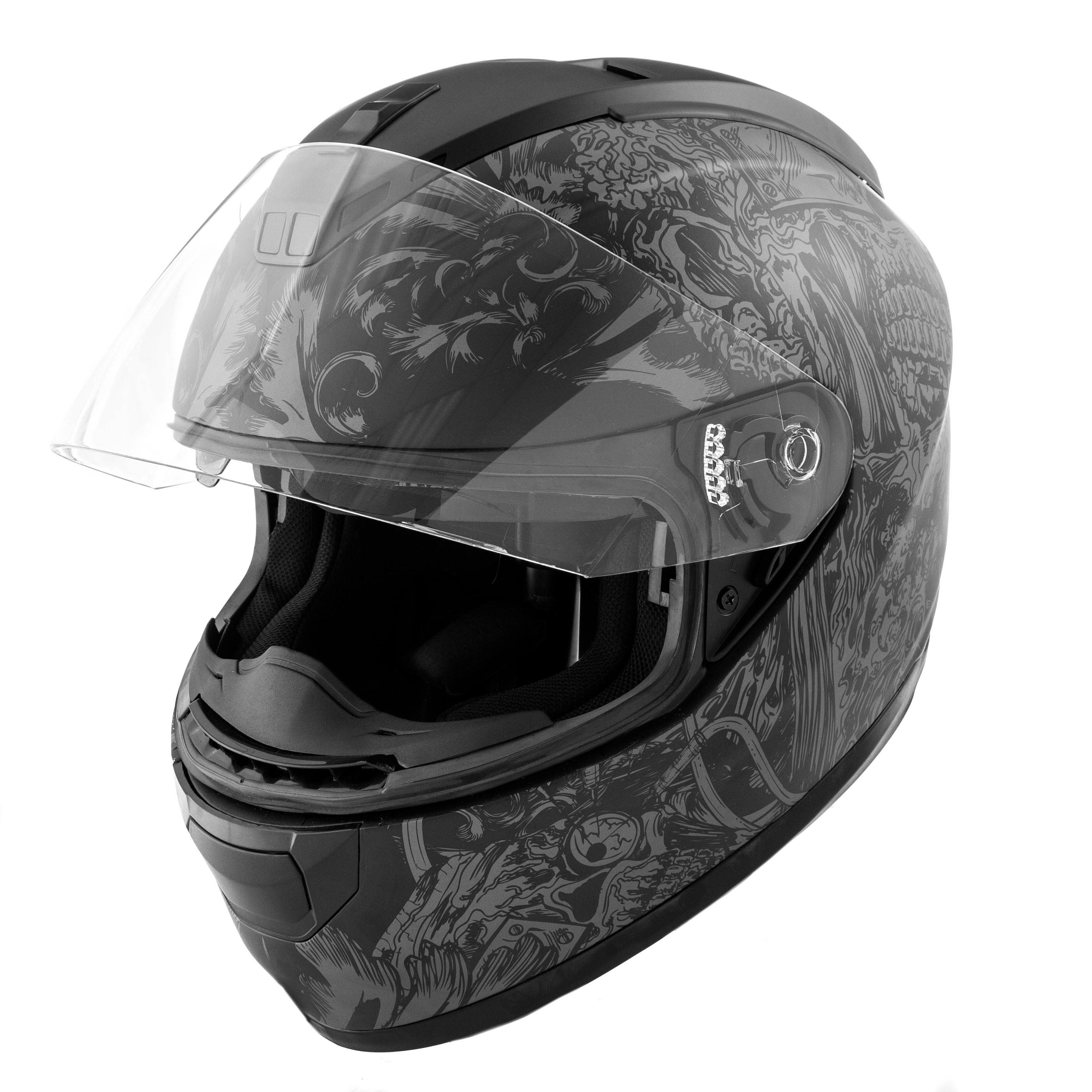 DOT Motorcycle Helmet Full Face KOI Skull Art Matte Grey w/ Clear Visor