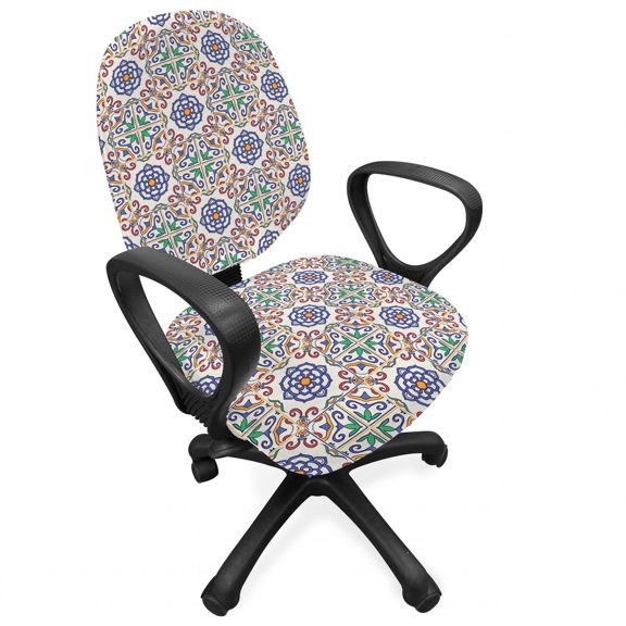 Geometric Office Chair Slipcover, Portuguese Tiles Floral Themed European Culture Elements Colorful Plant Design, Protective Stretch Decorative Fabric Cover, Standard Size, Multicolor, by Ambesonne