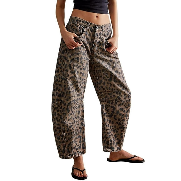 Jeans cropped de pierna ancha tiro medio con estampado de leopardo M