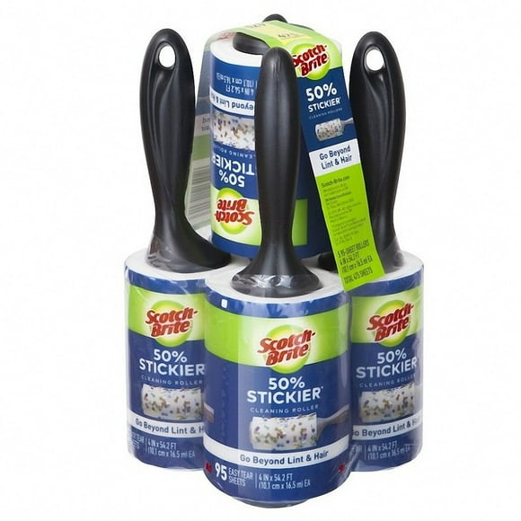 Scotch-Brite Rouleau Anti-Peluches 50% Plus Collant Lot de 5 475 Feuilles Enlève Facilement les Poils d'Animaux, Peluches et Charpie