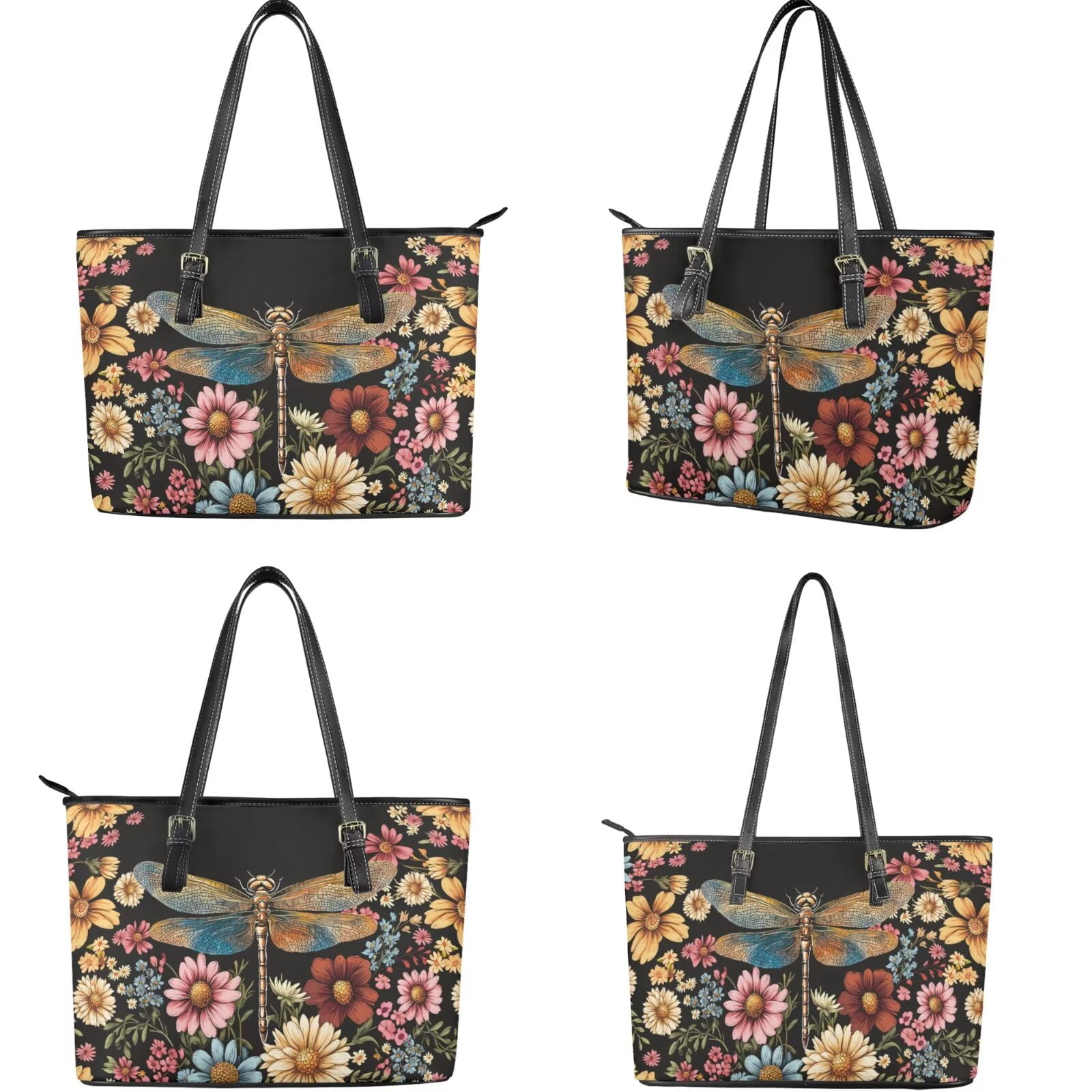 TSOVTHRID Dragonfly Daisy Floral Print Purse and Wallet Set for Women Tote Handbag Tote Purse and Wallet Set Shoulder Satchel Bags with Matching Purse for Working Shopping