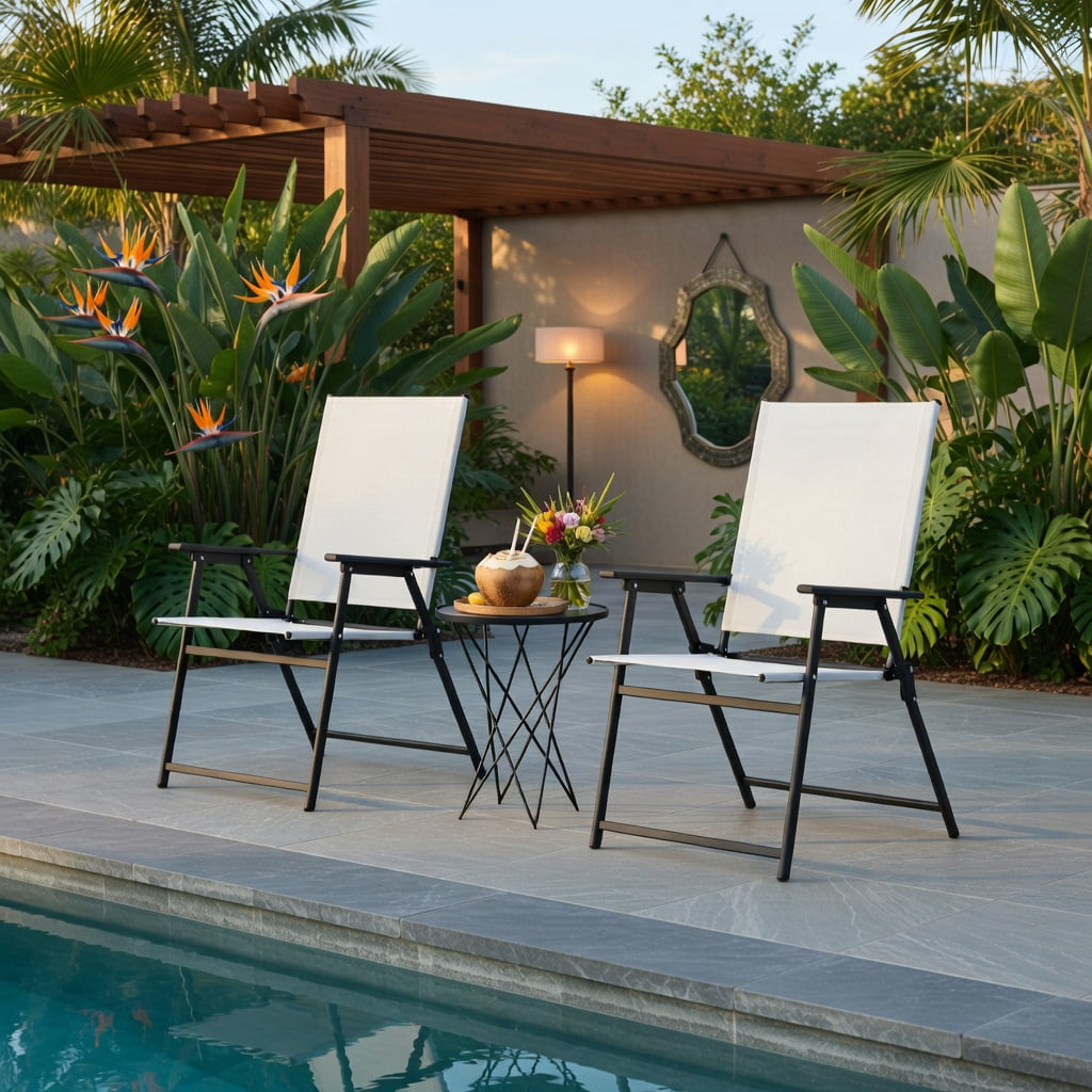 Hommoo 2-Pack Foldable Patio Chairs with Armrests, Heavy-Duty Metal Outdoor Chairs for Deck, Garden, Yard & Camping, White