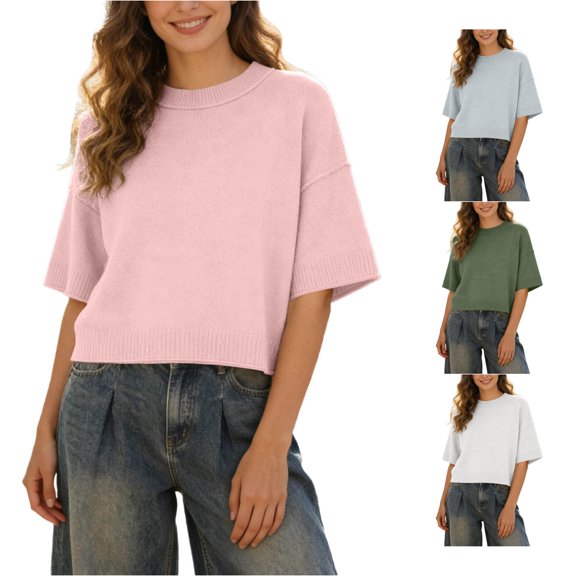 Tanghaowl Womens Tops Casual Elegant Round-Neck Lightweight Knit Pullover Top for Spring Autumn Women's Pullover Casual Pink S