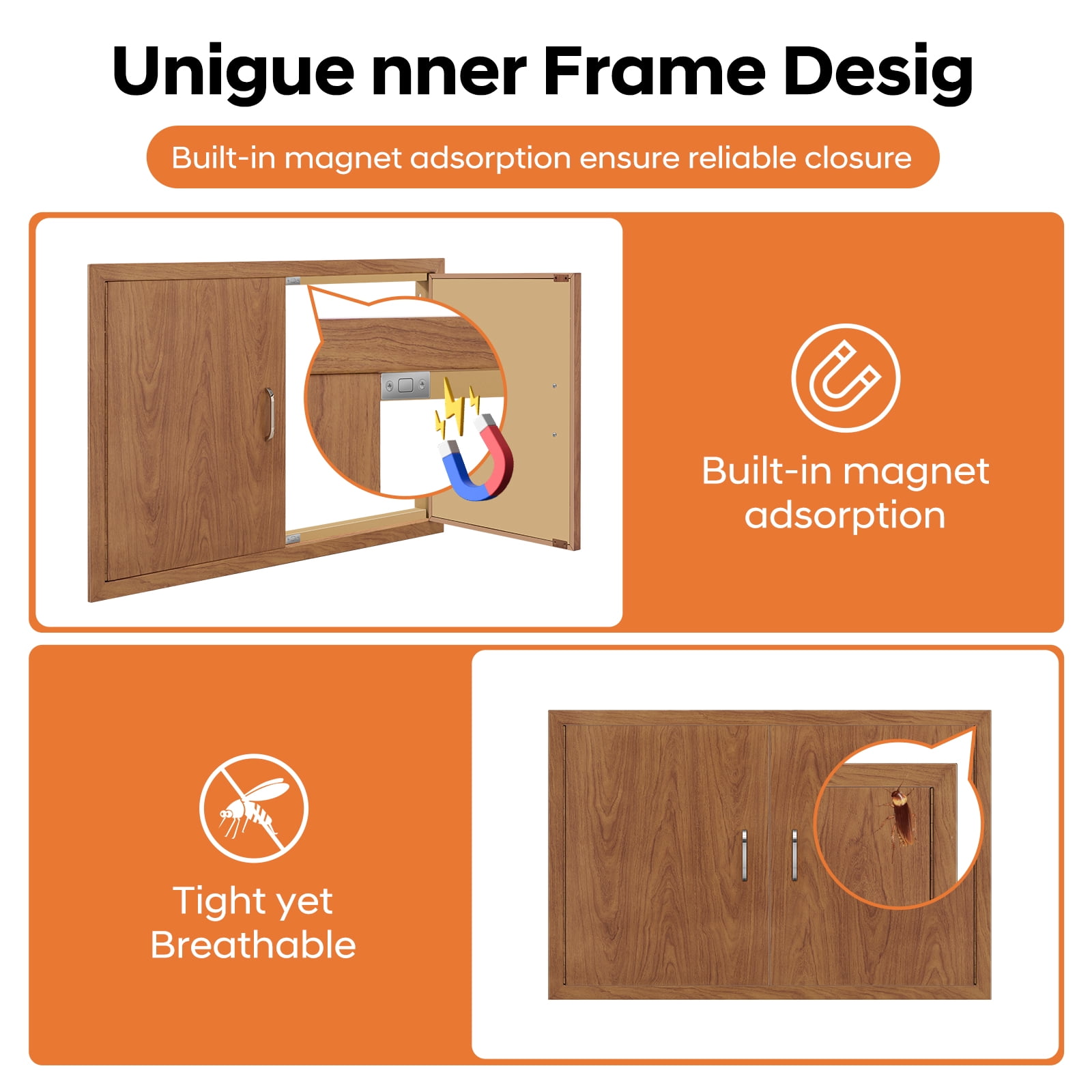 GARITIN Outdoor Kitchen Door, Stainless Steel Cabinet Door with Wood Grain Finish, Water Resistant & Insect Resistant Double Door for Outdoor Kitchen Storage, Wood