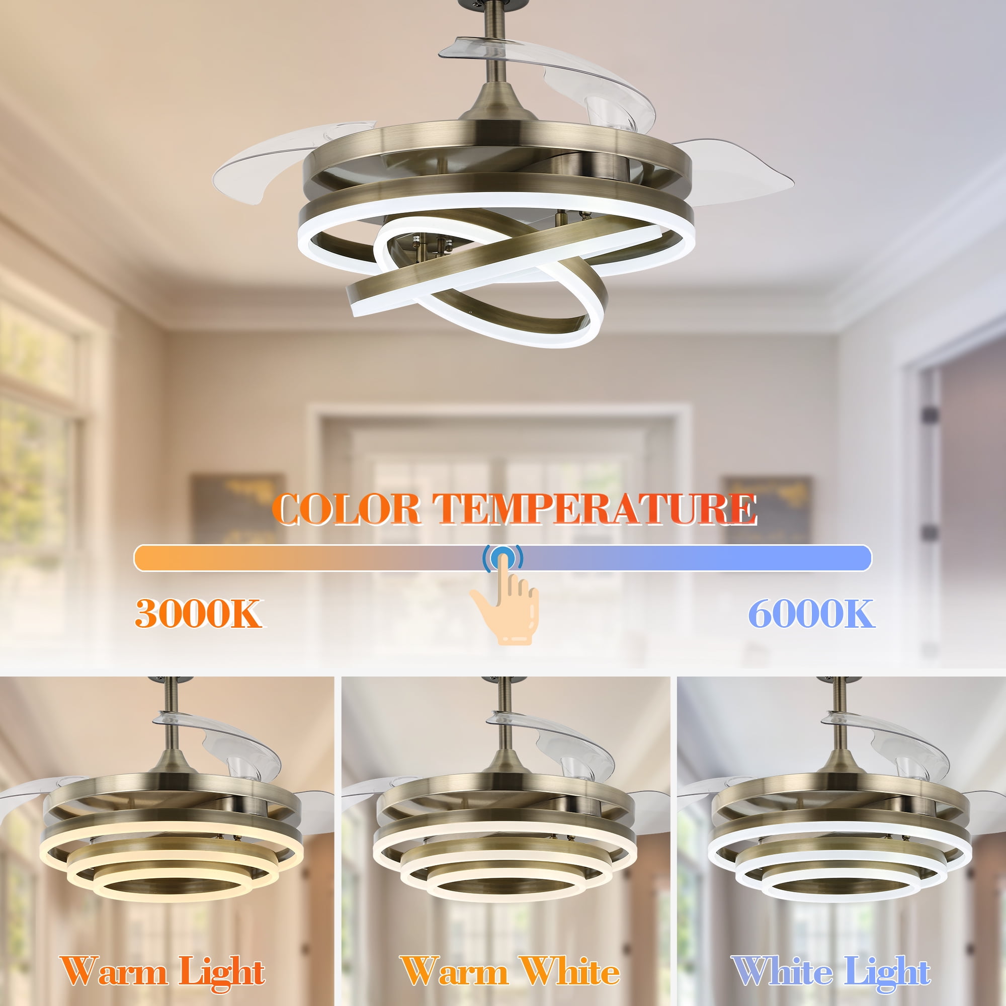42Inch Modern Reversible Ceiling Fan with Dimmable LED Light, 6-Speed DIY Shape Retractable Ceiling Fan with Remote