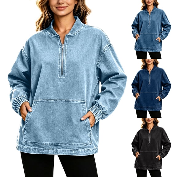 Jackets for Women Quarter Zip Denim Jacket Long Sleeve Loose Fit with Pockets Casual Outerwear