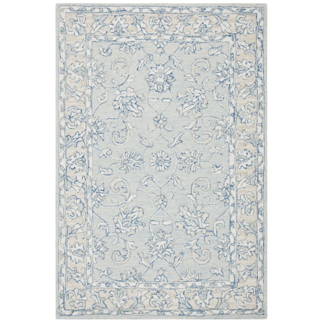 SAFAVIEH Micro-Loop Calista Floral Bordered Wool Area Rug, Blue/Beige, 4' x 6'