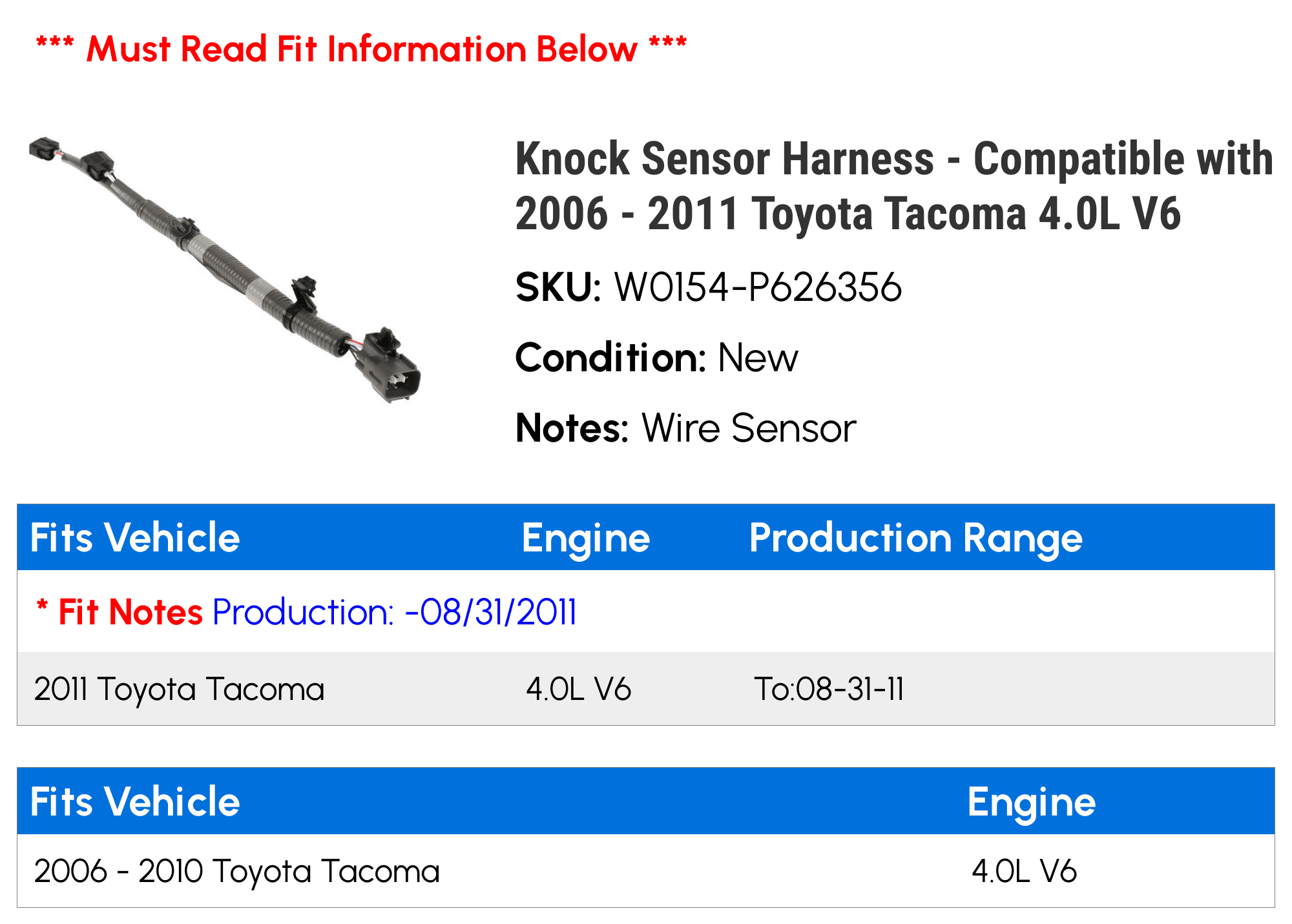 Knock Sensor Harness - Compatible with 2006 - 2011 Toyota Tacoma 4.0L V6 2007 2008 2009 2010