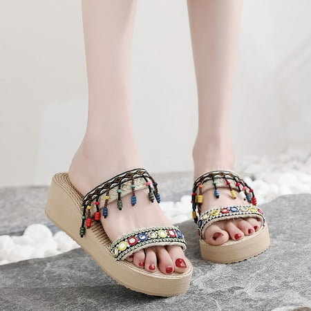 

〖Yilirongyumm〗 Coffee 38 Slippers For Women Summer Non Slip Solid Color Slip On Wedges Beach Open Toe Breathable Sandals Shoes Slippers