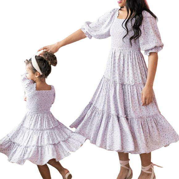Fortune Mommy and Me Dresses Matching Set Summer Boho Dress Square Neck Ruffle Sleeves Floral Dress