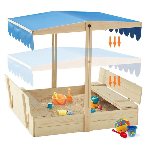 43.7" x 43.7" Solid Wood Square Kids Sandbox with Convertible Canopy Cover, Outdoor Wooden Sandbox with UV-Resistant Roof for Backyard Play