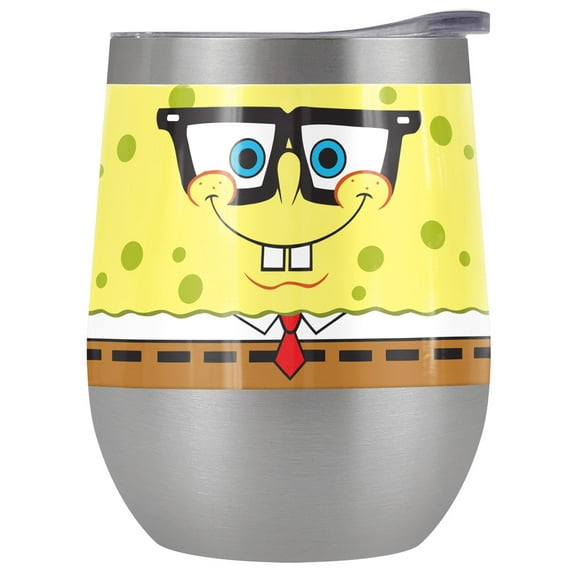 Spongebob Official Spongebob Nerd Face 12 oz Stemless Tumbler, Stainless Steel Travel Cup|Lake Tumbler|Insulated with Leak Resistant Slide-Lock Lid