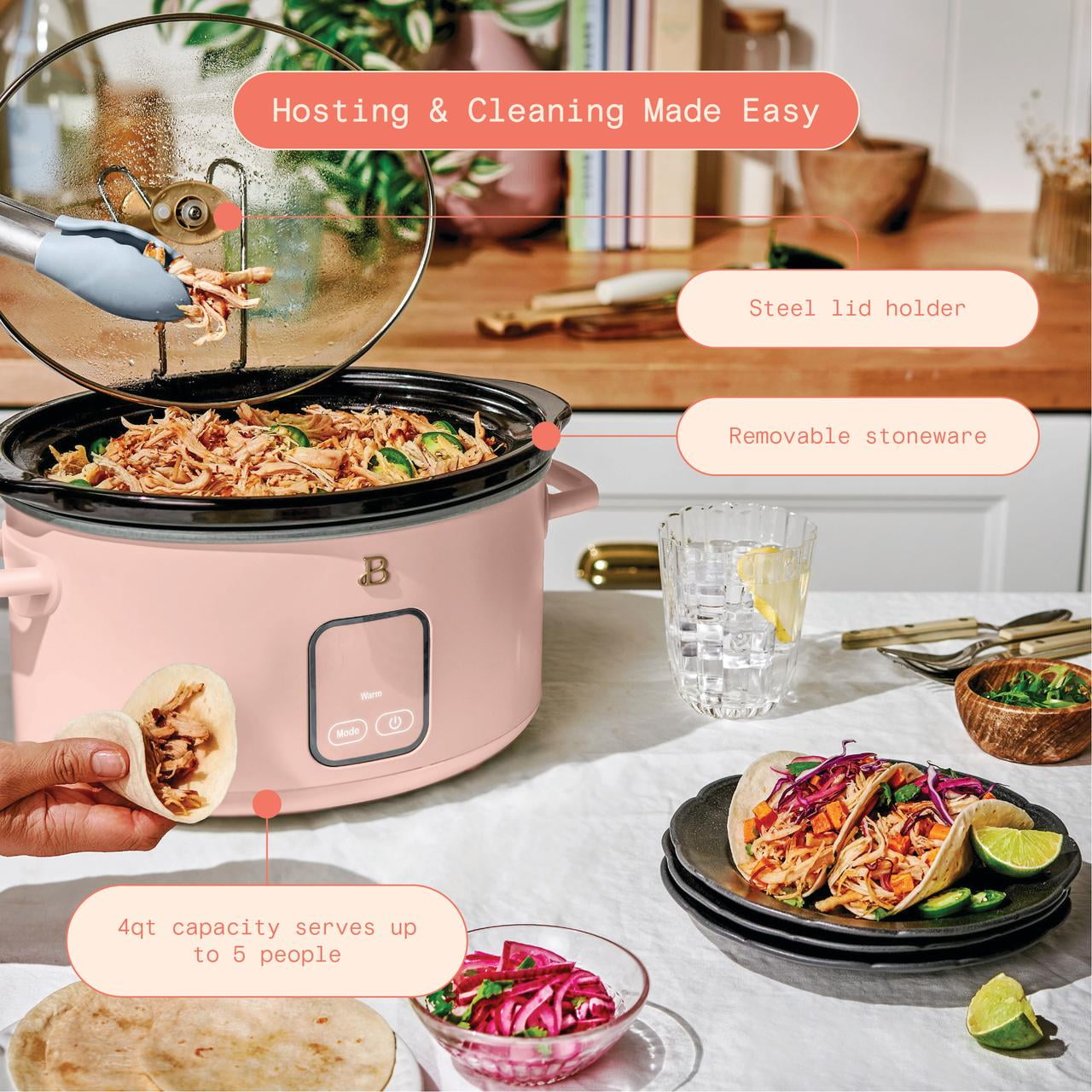 Beautiful 4Qt Slow Cooker with Touch-Activated Display, Rose by Drew Barrymore