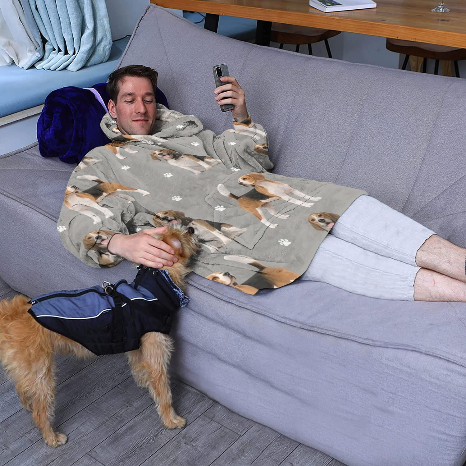 Beagle and Dog Footprints Wearable Oversized Blanket,Wearable Blanket Hoodie for Adults,Cozy Hooded Blankets with Super Pockets,Super Warm Fuzzy Pullover for Women & Men