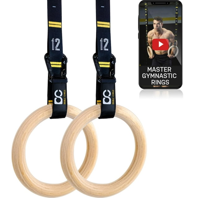 Anillos de gimnasia de doble círculo de madera de 1.25 pulgadas con correas y guía