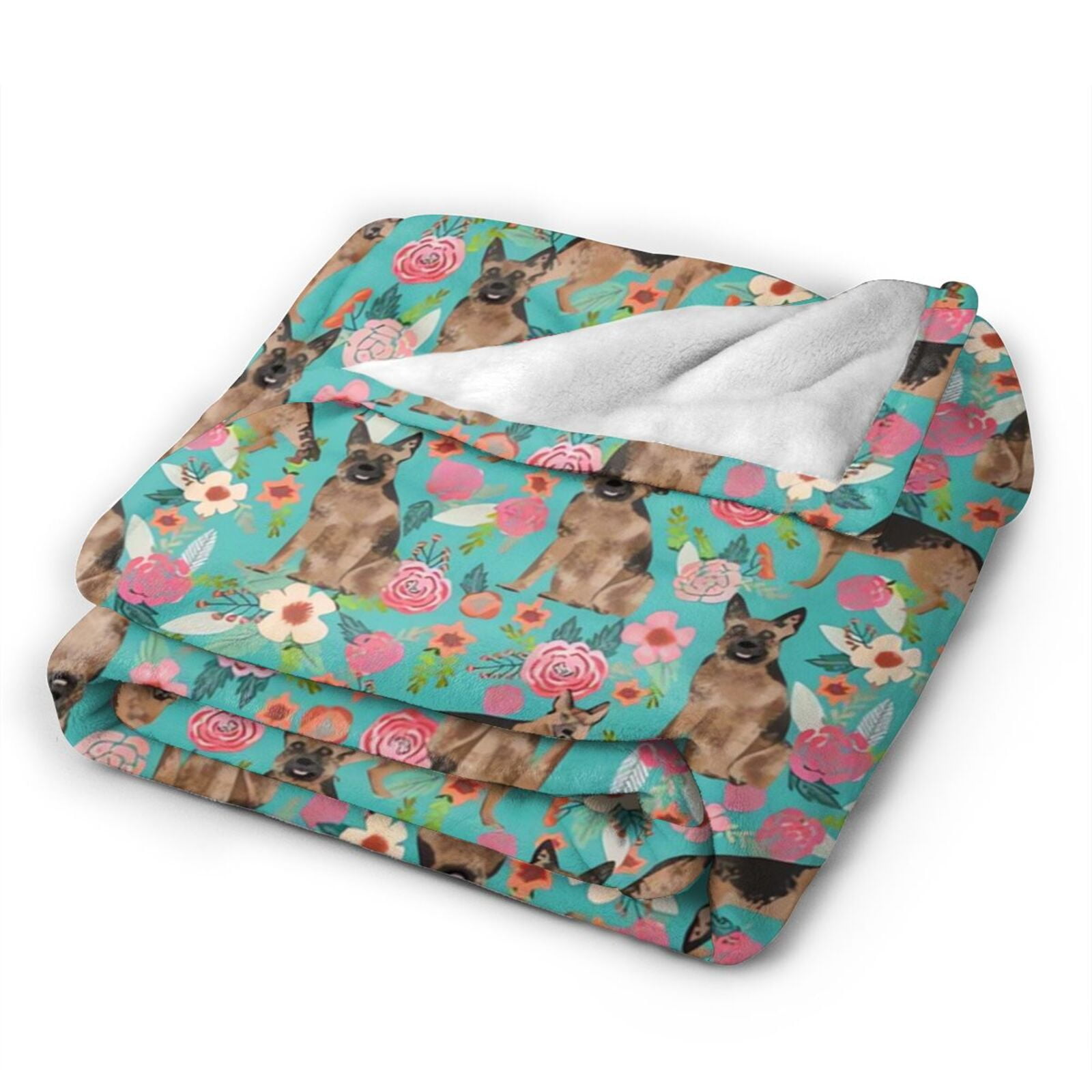Wijzvio German Shepherd Dogs Lovers Flower Floral Throw Blanket Soft Fuzzy Fleece Blanket For Couch Bed Living Room Decoration 50"X40"