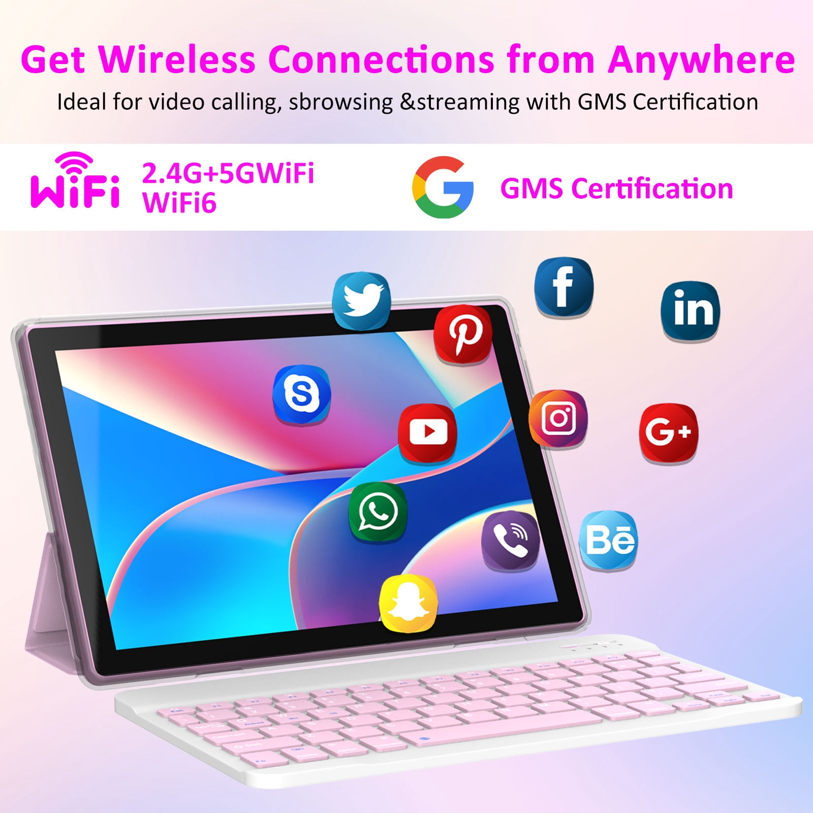 Android 15 Tablet 10 inch, 8GB RAM+32GB ROM Support 1TB Expandable Computer Tablet, 1.8Ghz Quad-Core CPU, HD Screen, BT, WiFi, Long Battery Life, 2 in 1 Tablets with Keyboard Case Mouse Stylus, Pink