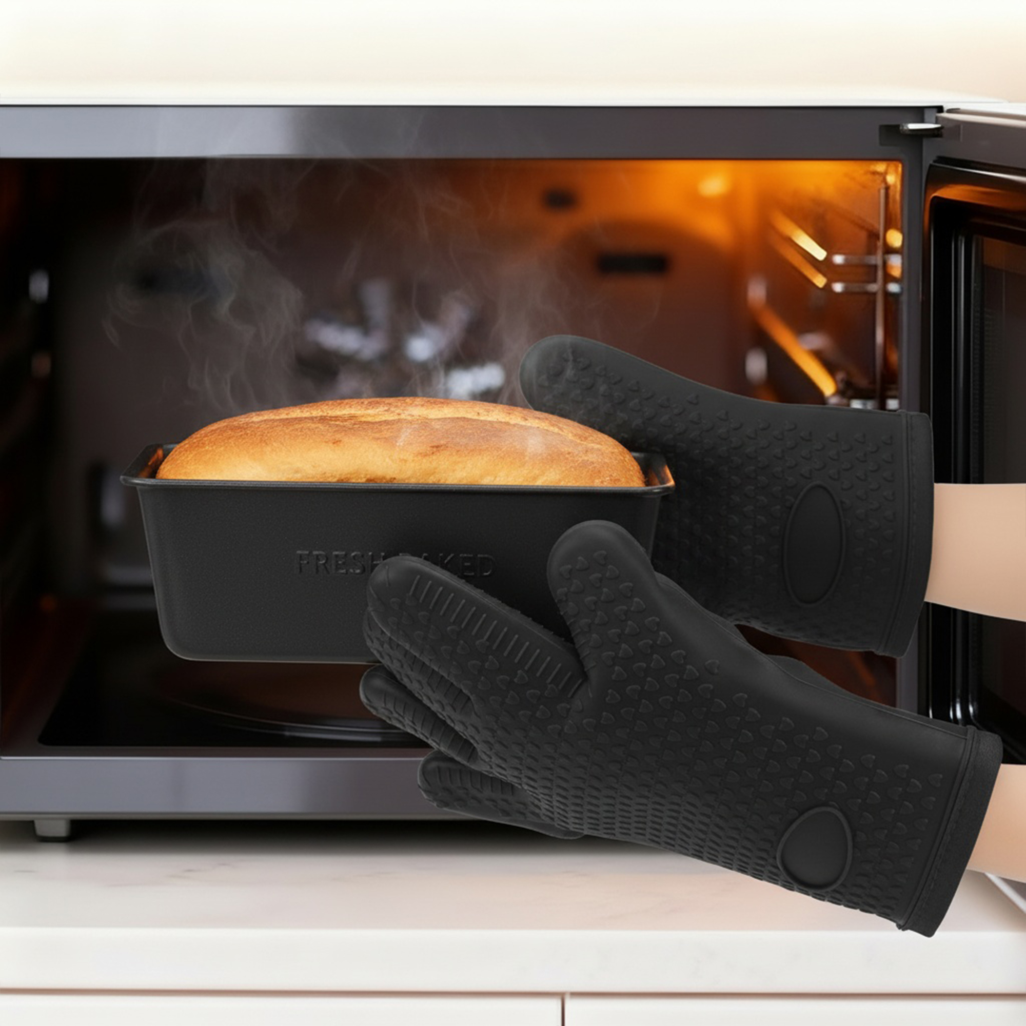 Unique Bargains 2pcs Silicone Heat-Resistant and Waterproof Oven Mitts Black 10.8" x 8.1"