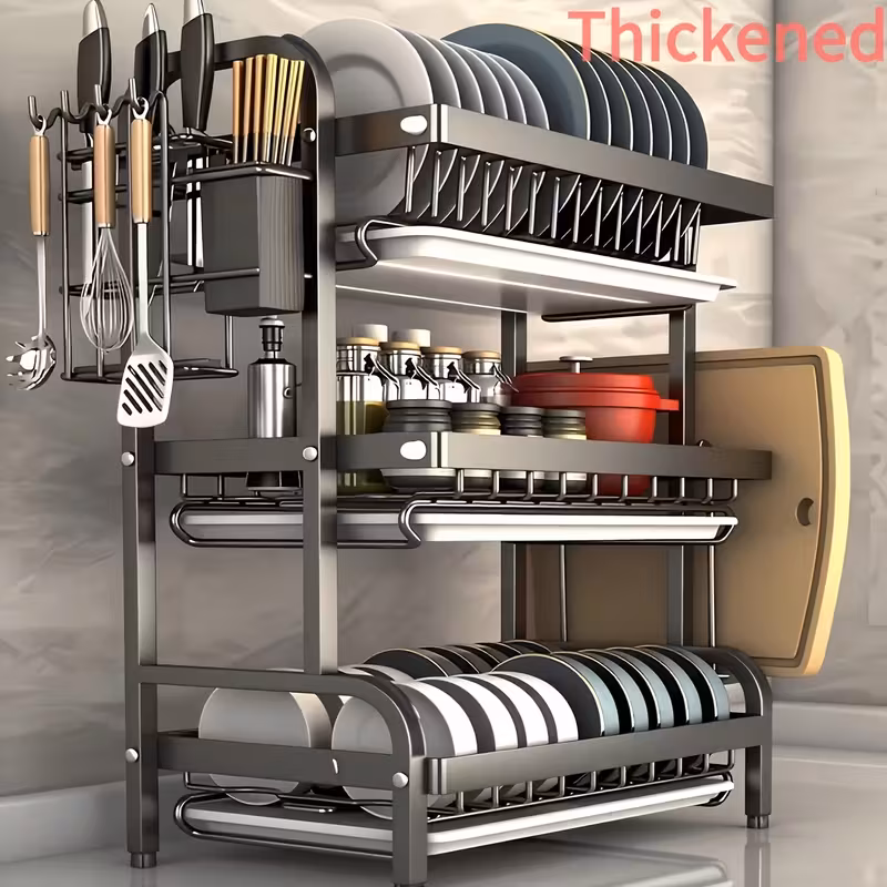 thumbnail image 1 of Two/Three-Tier Carbon Steel Dish Rack with Drainboard, Utensil Holder, and Cup Hooks, 1 of 5
