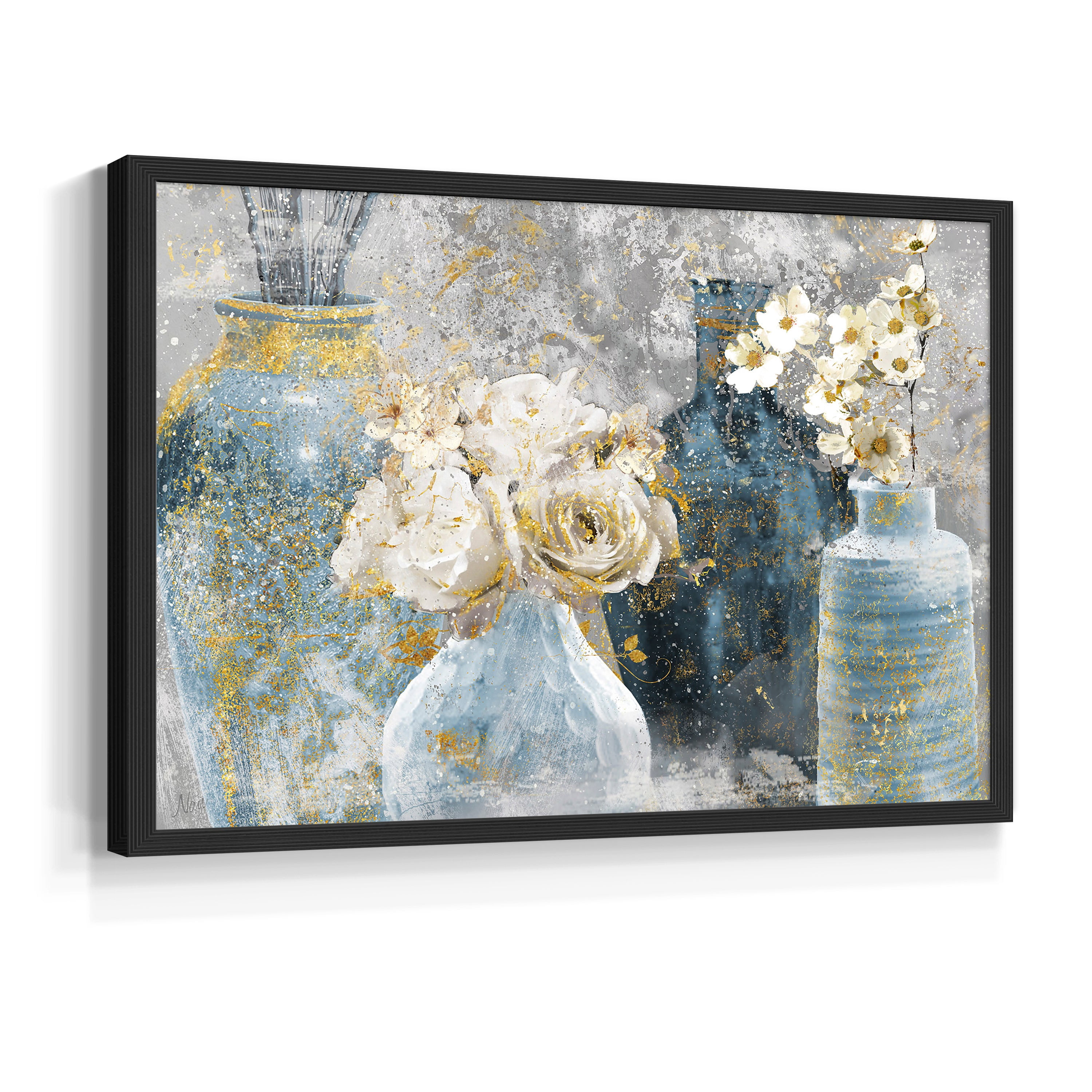 Vessels and Blooms Blues by Nan - Restickable Framed Giclée Print