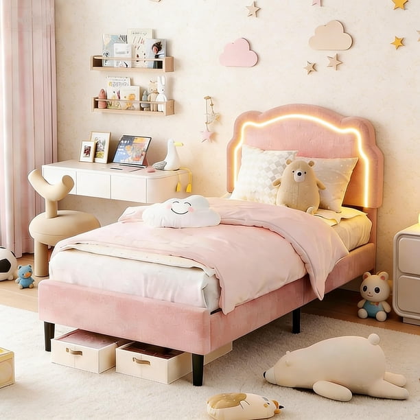 QinaQin Cama individual tapizada de terciopelo con luces LED y cabecera ajustable con diseño de oso, base tipo princesa con listones de madera para cuarto infantil