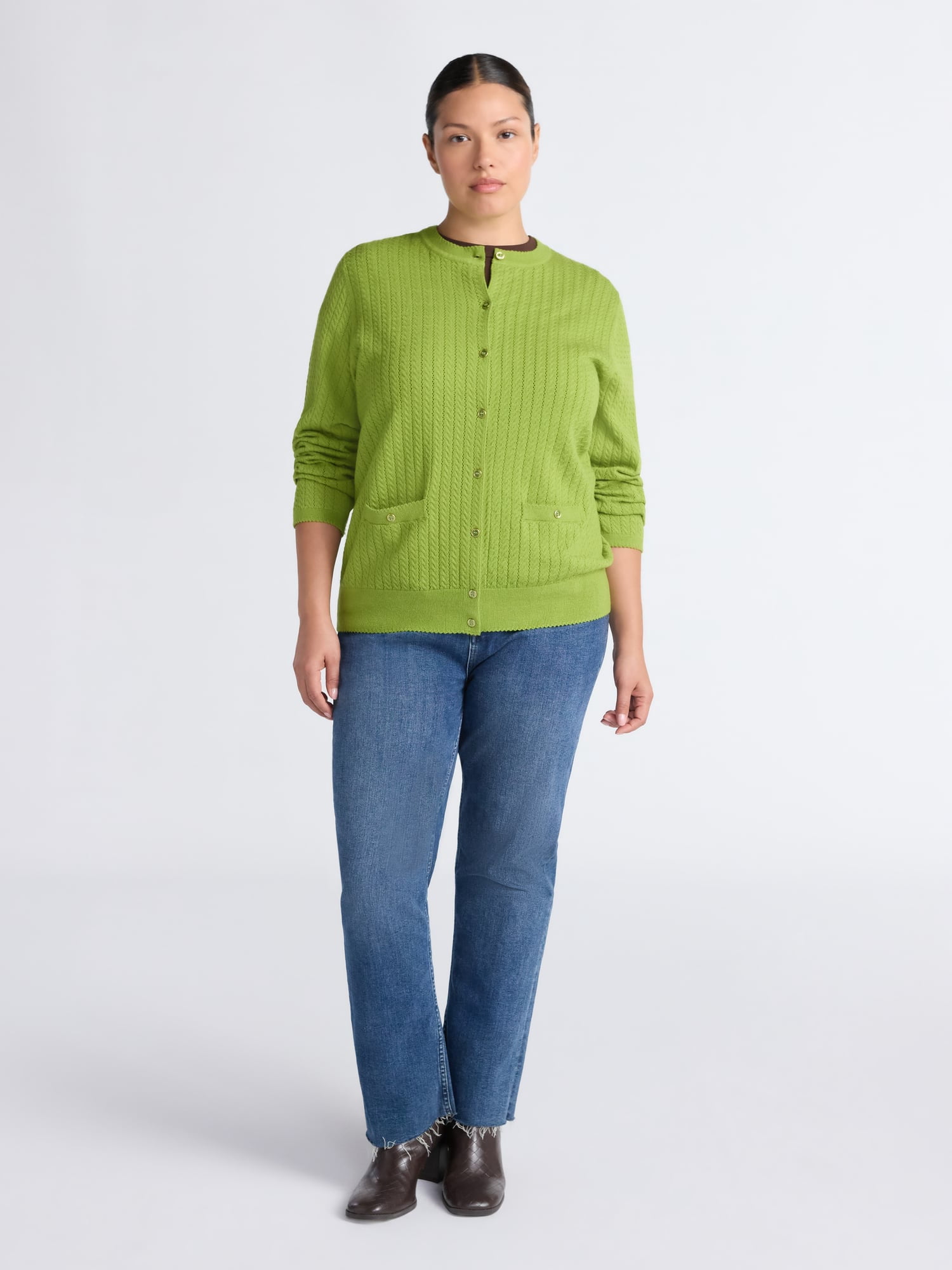 Free Assembly Women's and Women's Plus Cozy Yarn Welt Pocket Cable Cardigan Sweater, Midweight, Sizes XS-4X