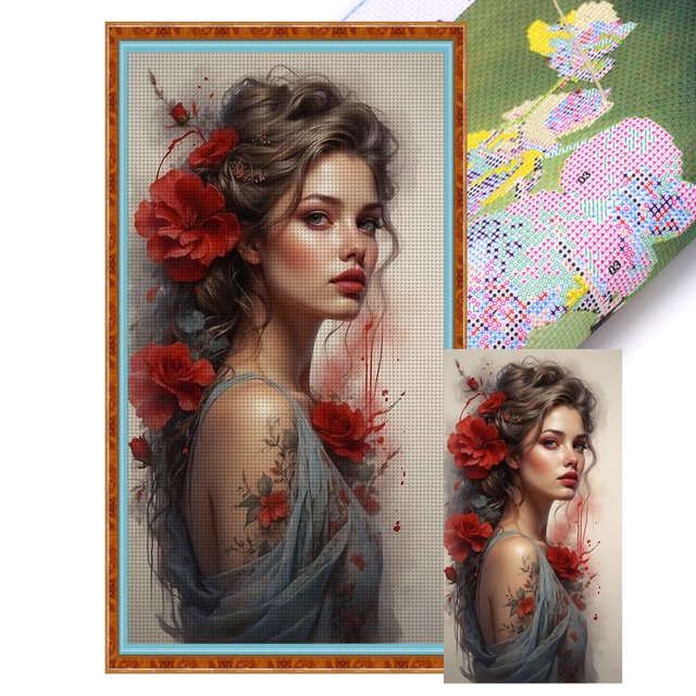 (1) Hilo Algodón Ecológico Bordado 11CT 3 Hebras Impresión 40x70cm Kit Serie Personajes Punto Cruz Niña Rosa Fantasía
